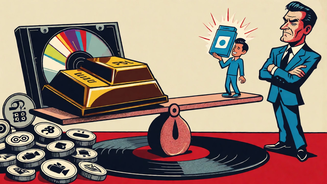 Cartoon seesaw balancing a gold CD against recoupment cost coins