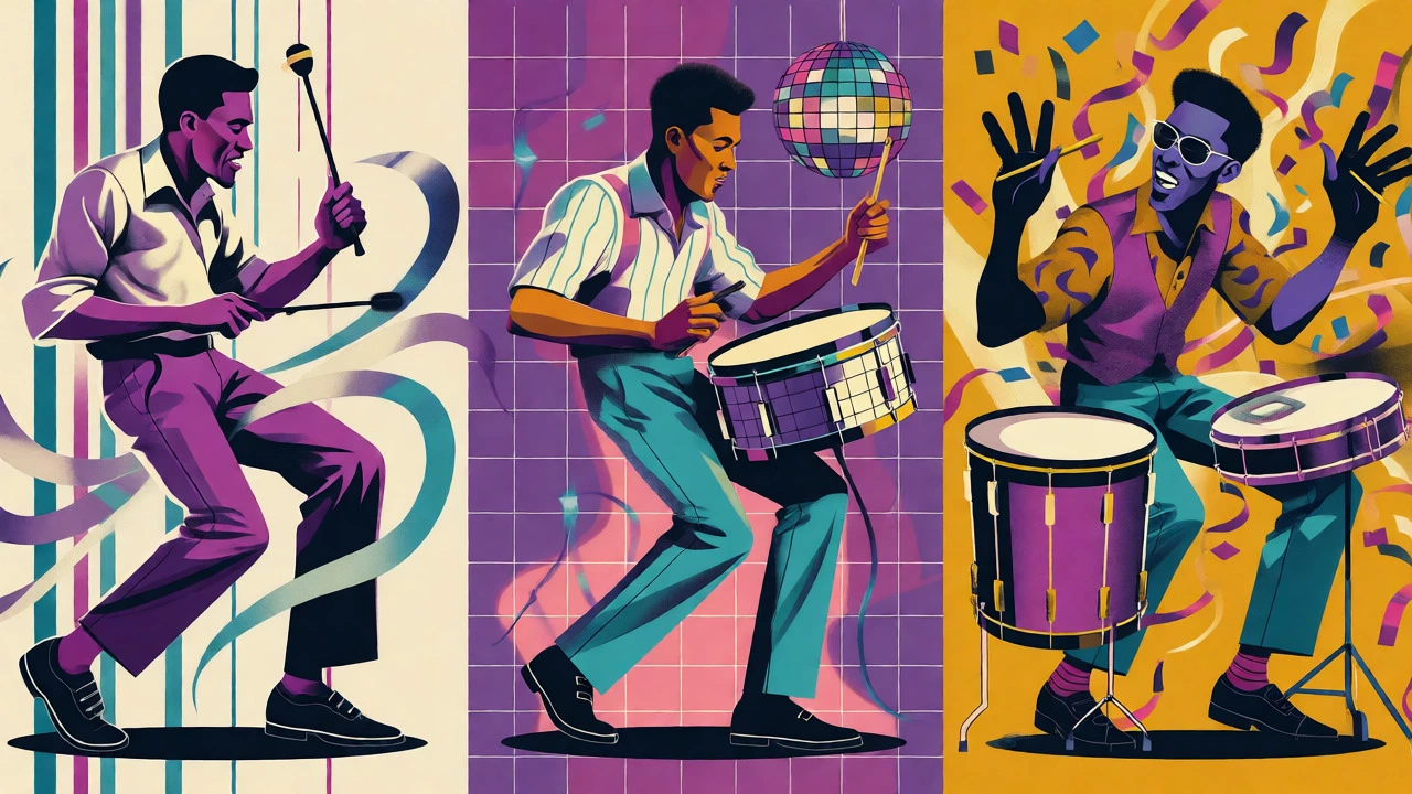 Cartoon triptych comparing Memphis, Philadelphia, and New Orleans drumming styles in 1970s fashion.