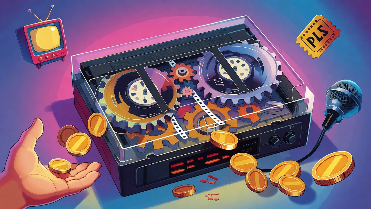 Cartoon visualization of a VHS player turning music into money