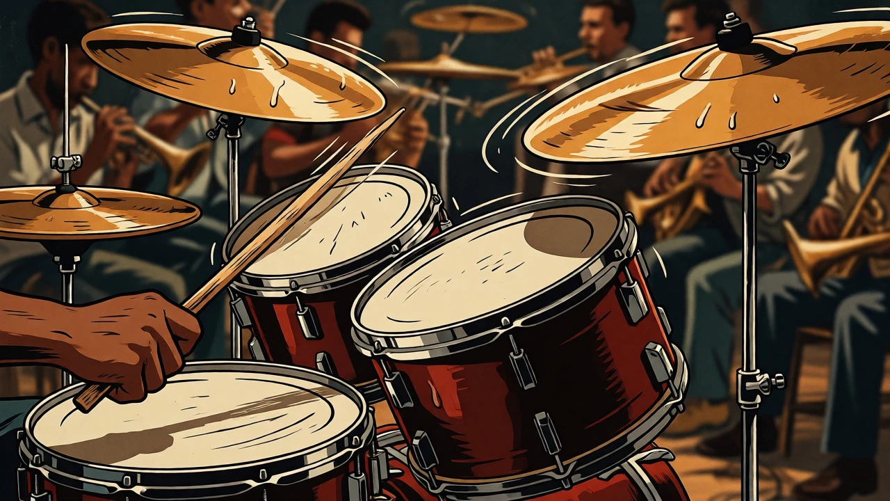 Close-up of a drummer playing live with intense rhythmic focus
