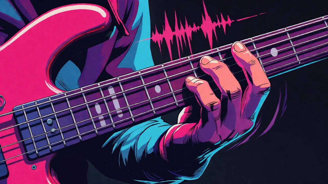 Close-up of hands playing a five-string bass with neon sound waves illustrating active tone