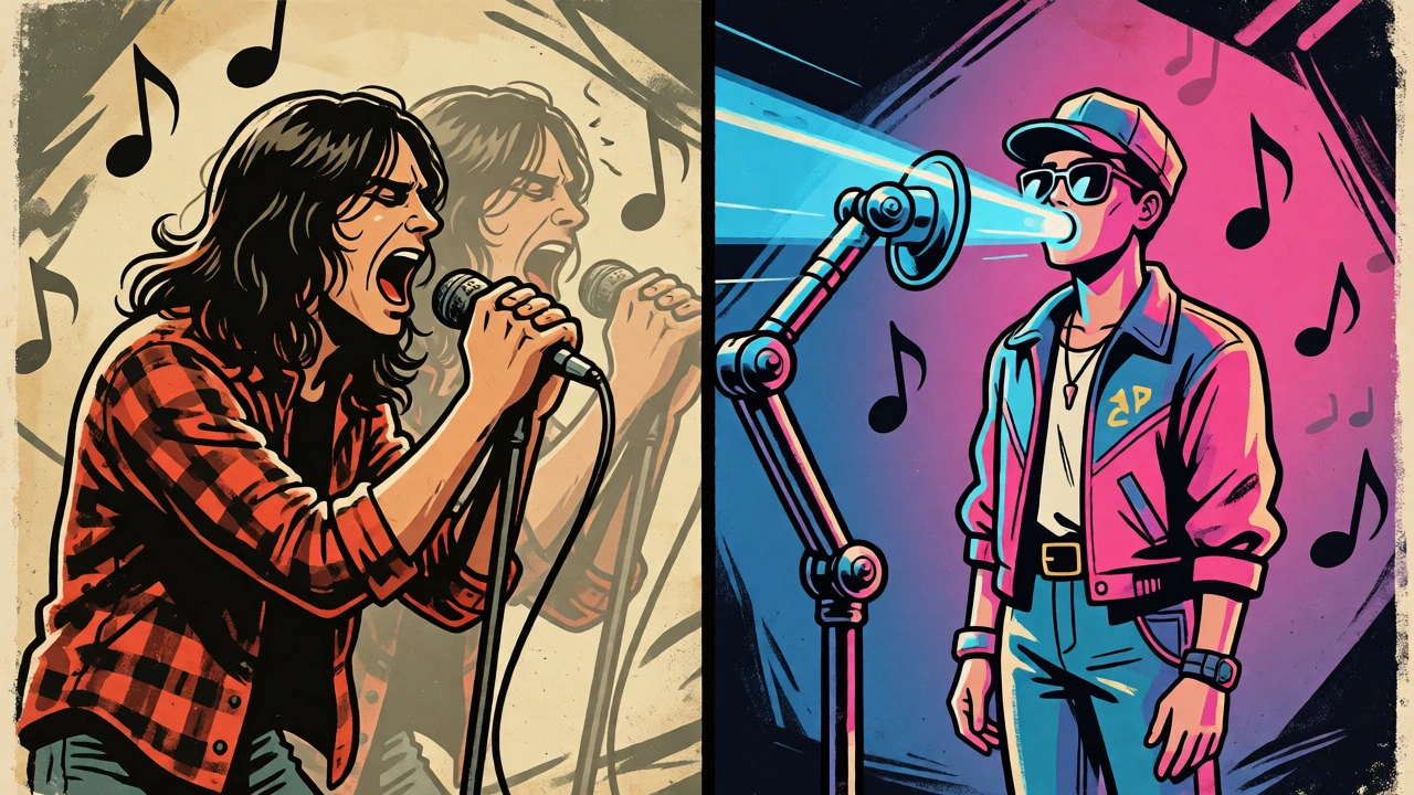 Comparison of raw rock vocals and processed pop vocals in cartoon style