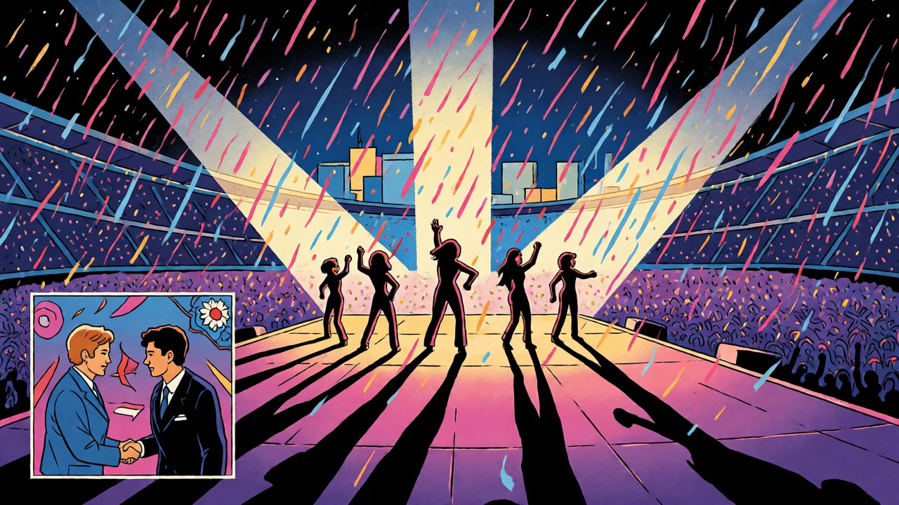 Concert stage with five performers and confetti under bright stadium lights.