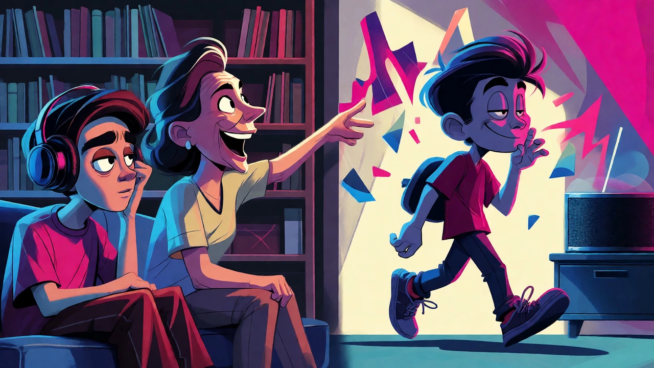 Contrast between forced music lessons and natural ambient exposure in cartoon style