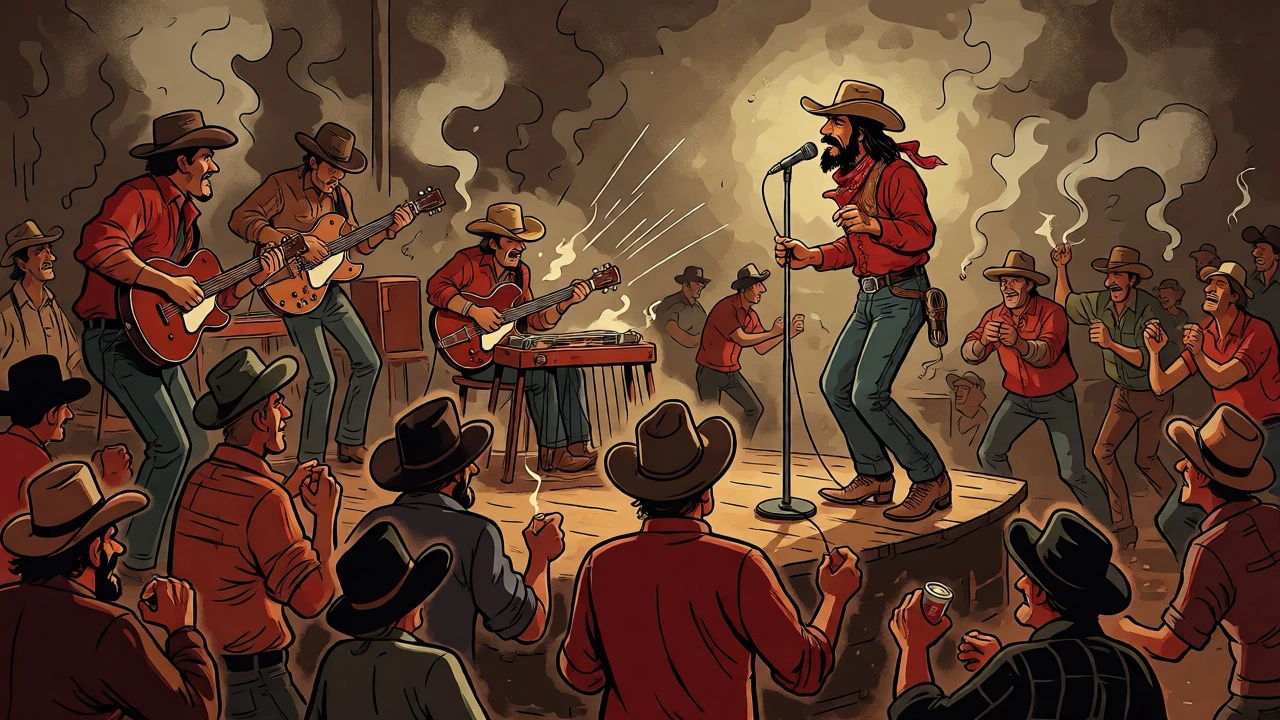 Cowboy singer performing energetically on a smoky Texas dance hall stage with a dancing crowd.