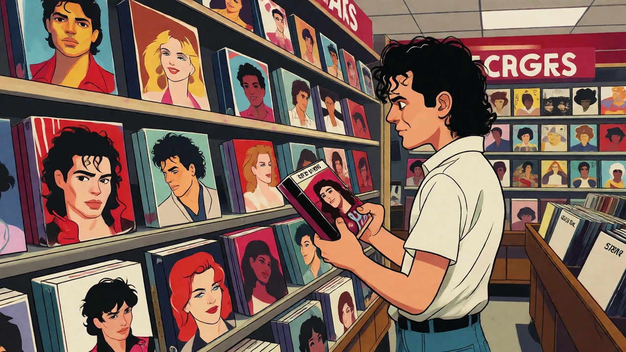 Customer browsing expensive VHS music compilations in a vintage record store