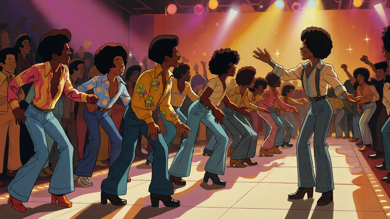 Dancers lining up for the Soul Train line in 1970s fashion