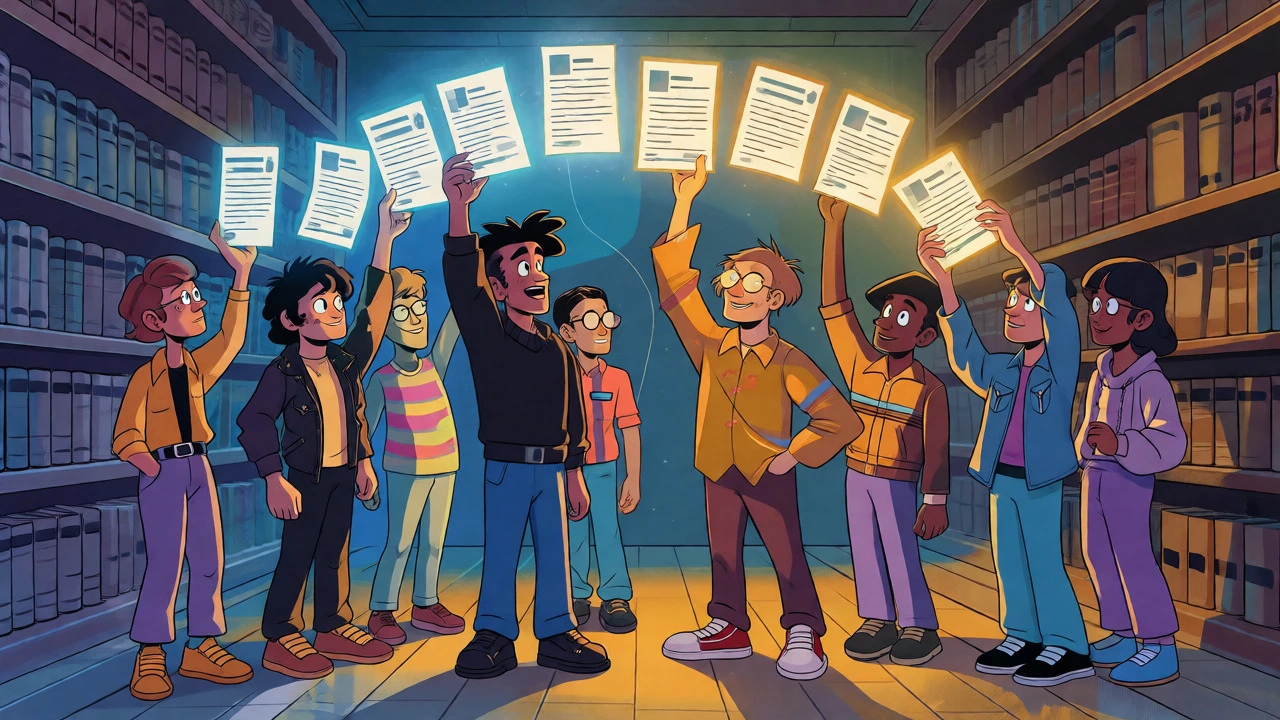 Diverse music fans from various eras holding glowing letters in a vintage archive.