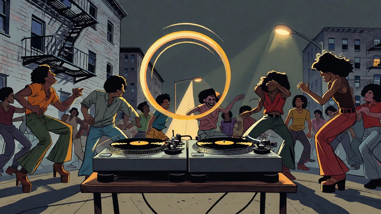 DJ Kool Herc spinning records at a lively 1973 Bronx block party