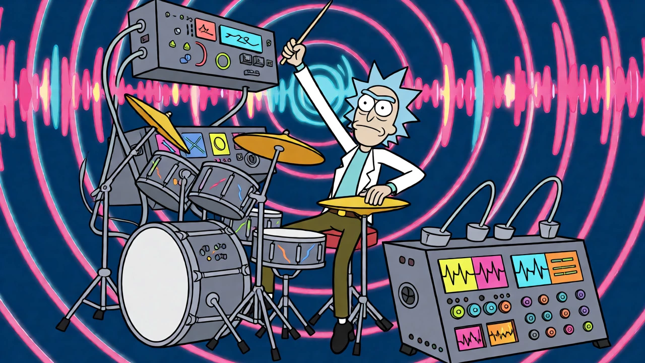 Drummer Rick Allen playing a custom electronic kit with one arm, surrounded by retro synth gear.