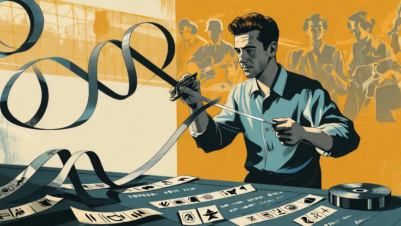 Engineer precisely splicing magnetic tape with a razor blade in a retro studio setting.