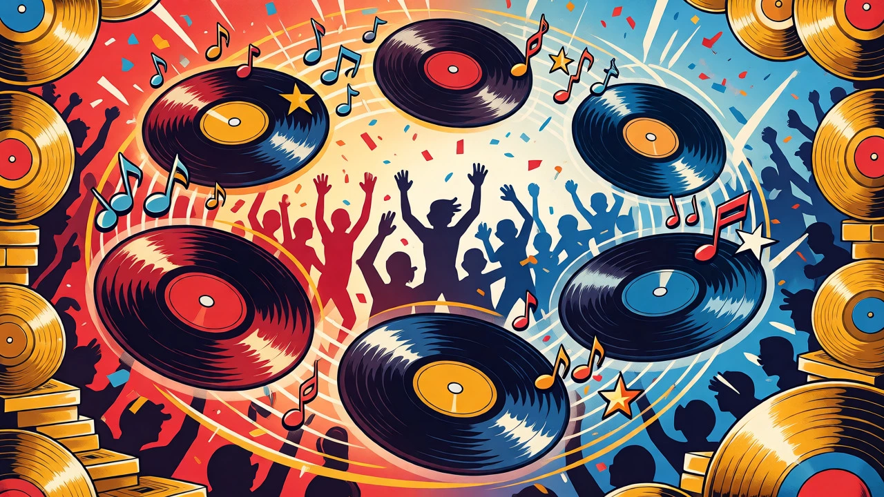 Floating vinyl records and cheering crowds celebrating the massive commercial success of the album.