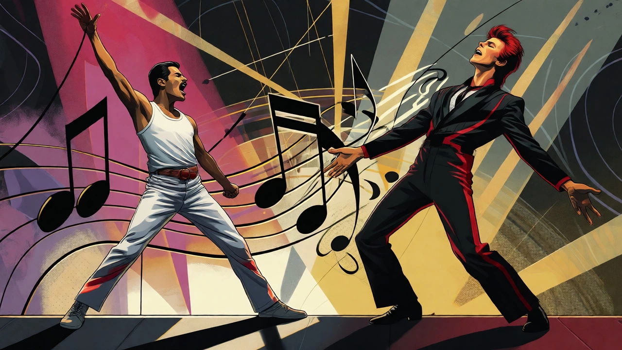 Freddie Mercury and David Bowie performing together in a dramatic 1980s style.
