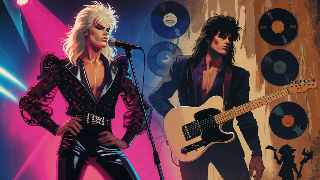 Glam rocker with hidden blues influences, vintage cartoon illustration.