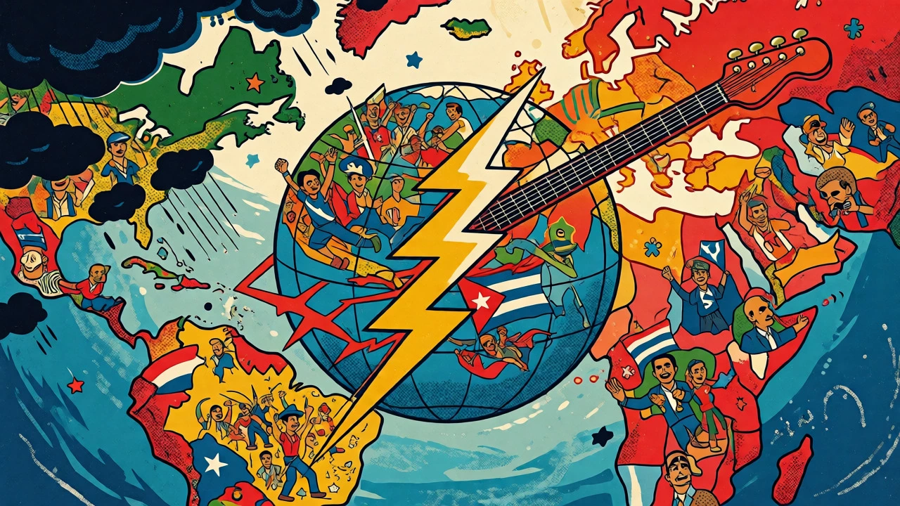 Globe cracking open with revolutionary scenes and lightning guitar