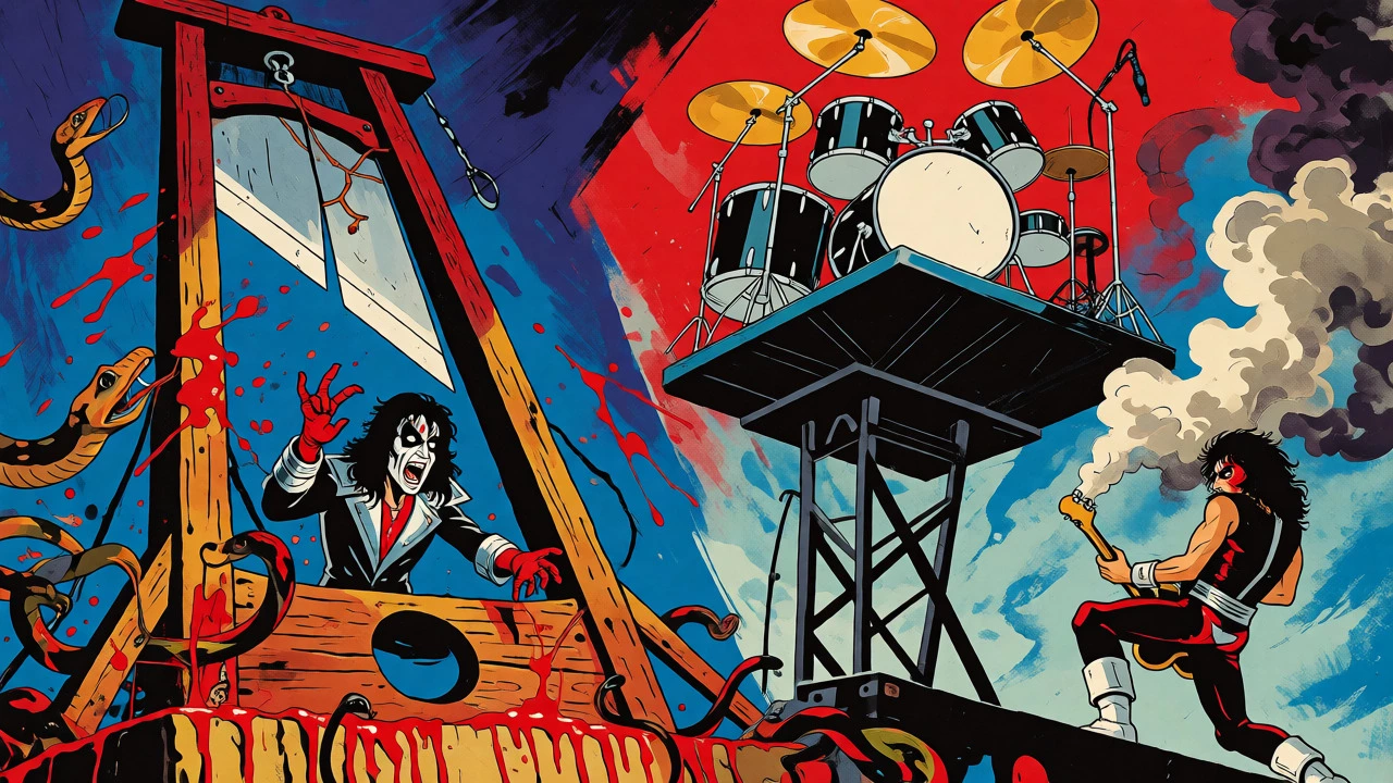 Guillotine prop and levitating drums in vintage comic style