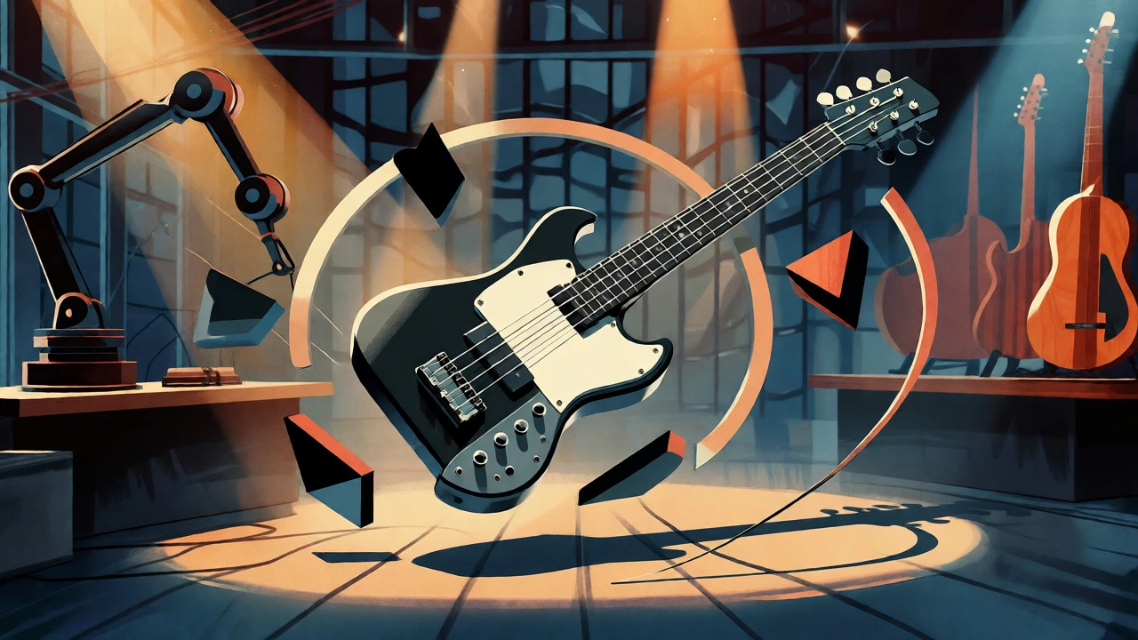 Headless bass floating amidst factory imagery representing 80s manufacturing shifts