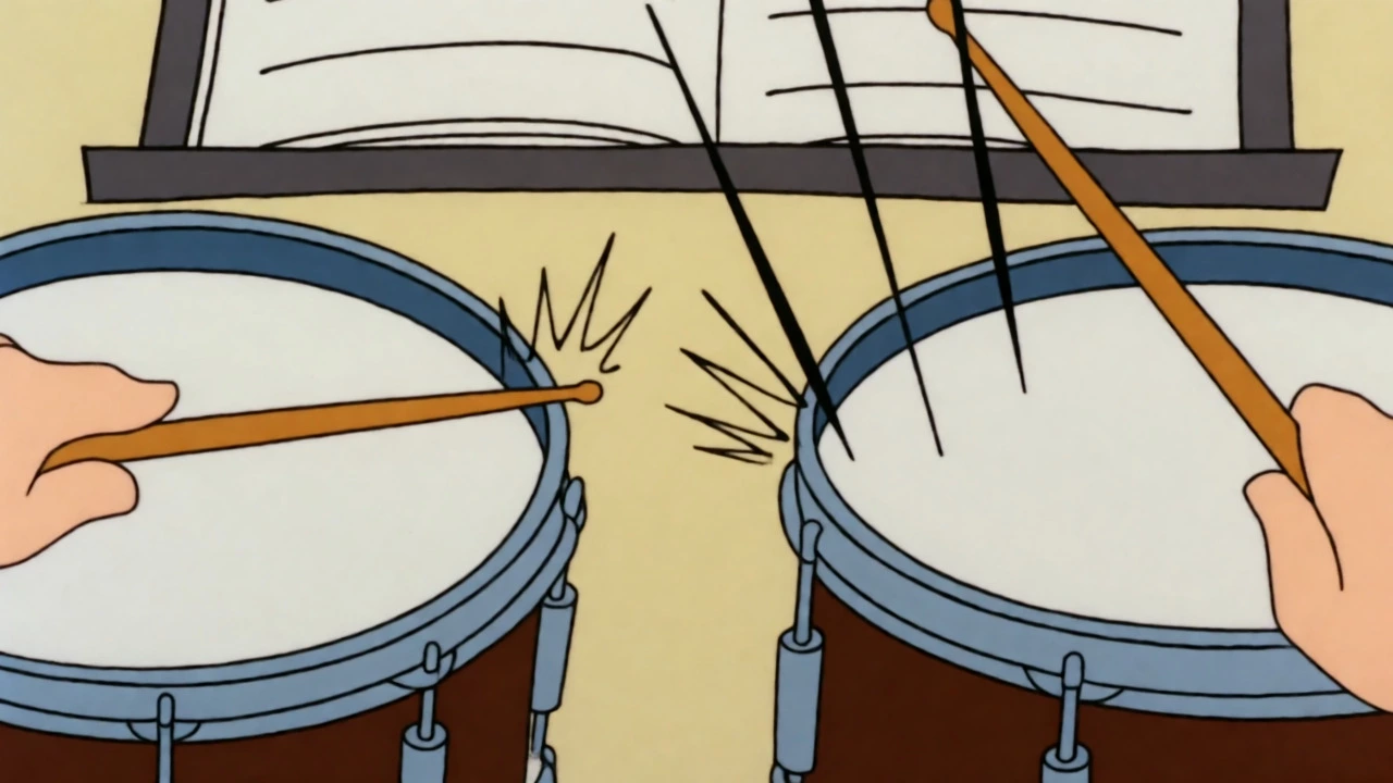 Illustration comparing cross-stick and rimshot drumming techniques.