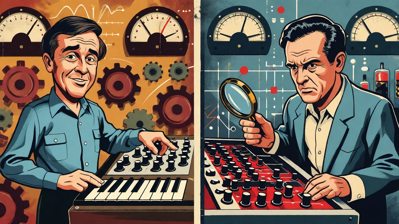 Illustration comparing Moog's simplicity vs ARP's precision