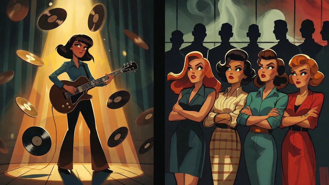 Illustration contrasting a solo female rocker with a band facing industry bias.