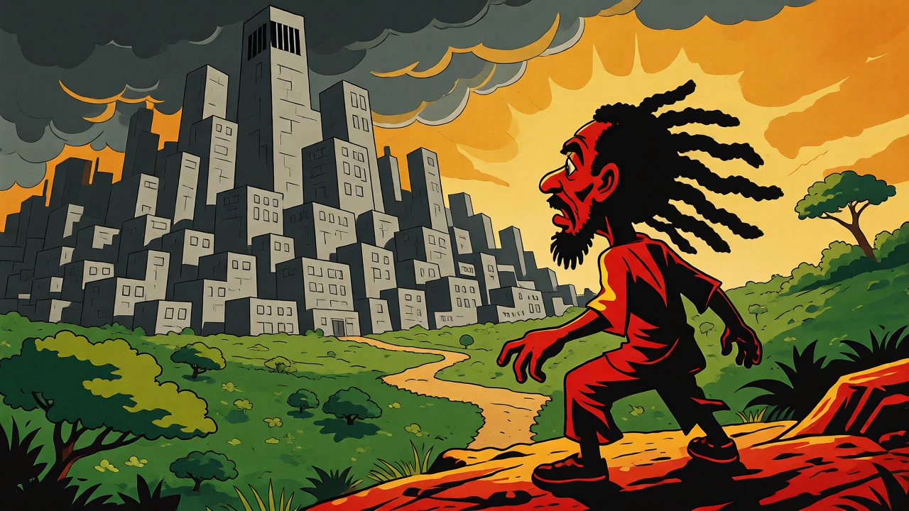 Illustration contrasting lush Zion landscape with oppressive geometric Babylon cityscape.