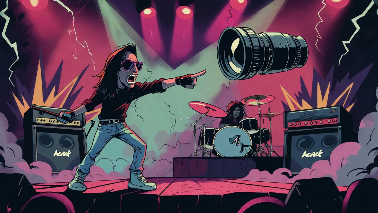 Illustration of a metal band confronting a camera lens on a smoky stage.