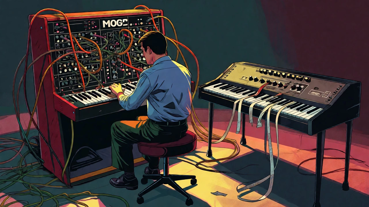 Illustration of a musician battling a tangled web of cables on a vintage Moog synthesizer.