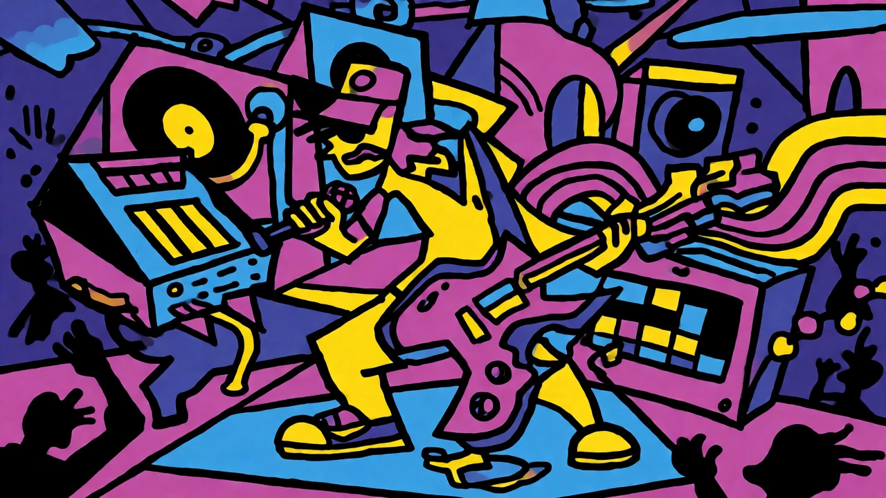 Illustration of a musician blending rap vocals and heavy guitar in a vintage style.