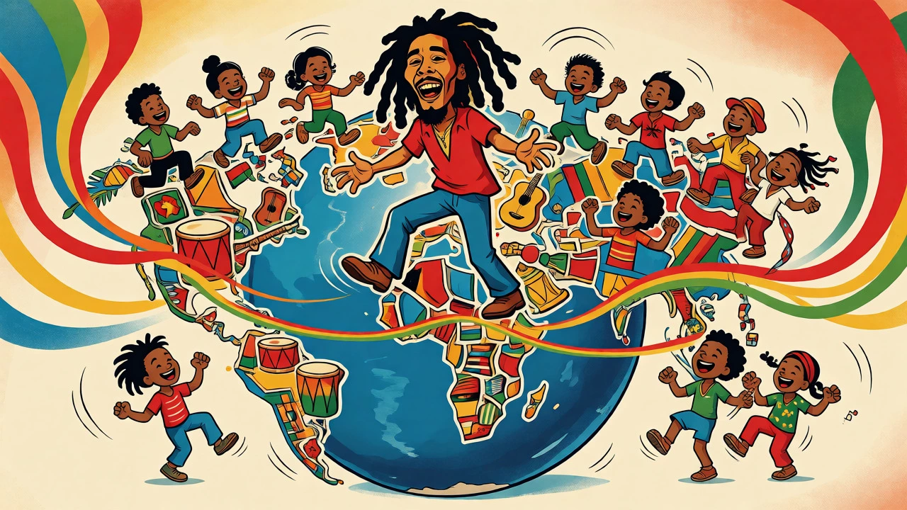 Illustration of a musician uniting the world with reggae rhythms