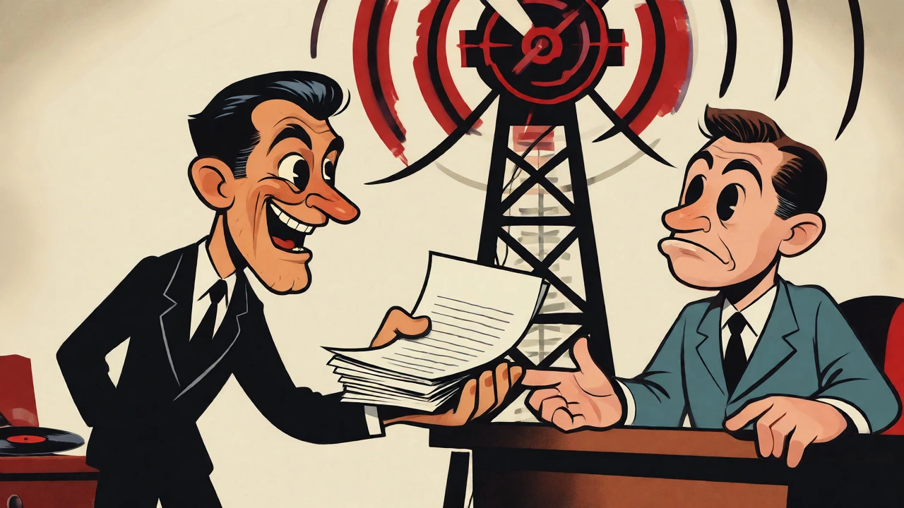 Illustration of a promoter deceiving a radio manager with fake paper reports