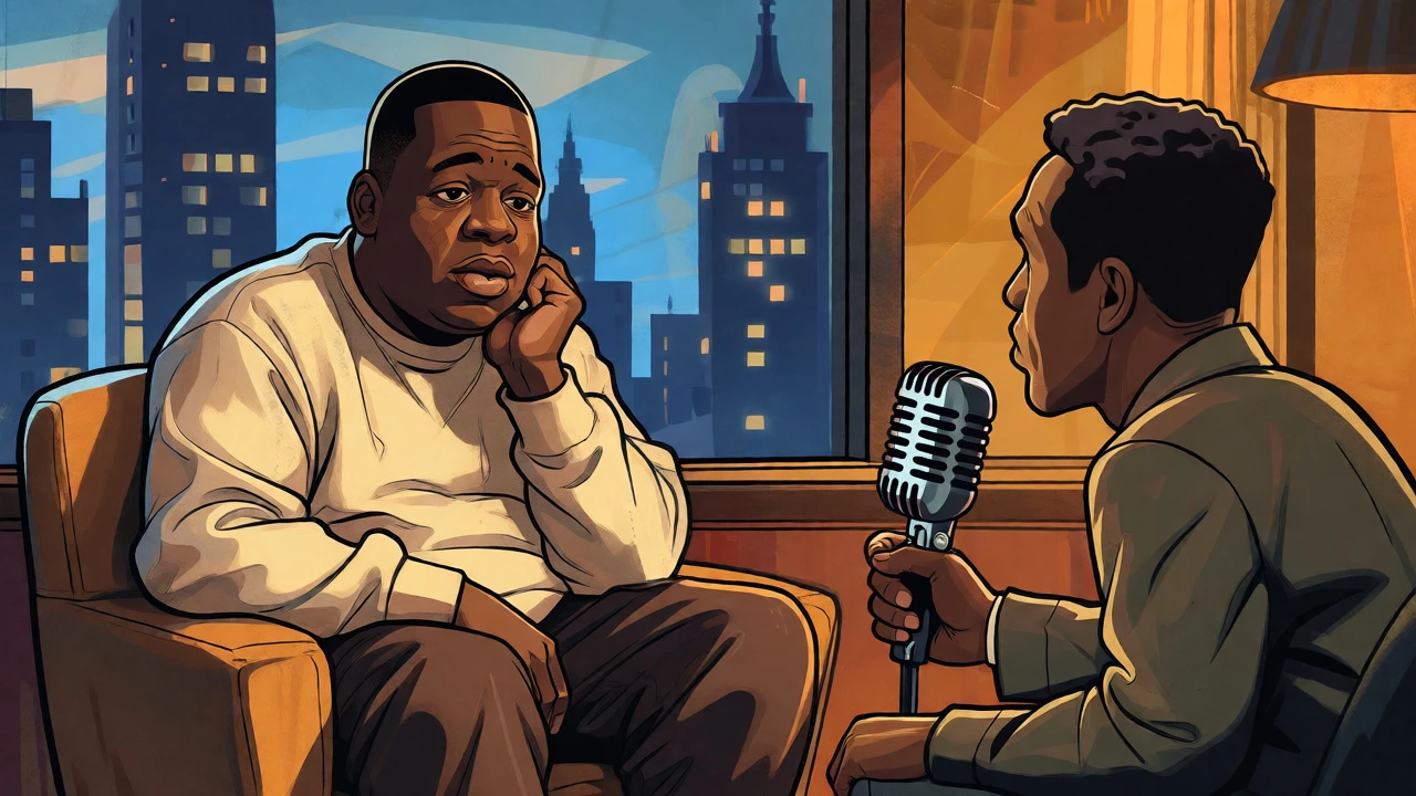 Illustration of a rapper giving a calm interview in a warm, retro studio setting.