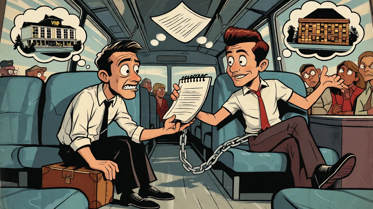 Illustration of a reporter chained to a tour bus by the allure of VIP access.