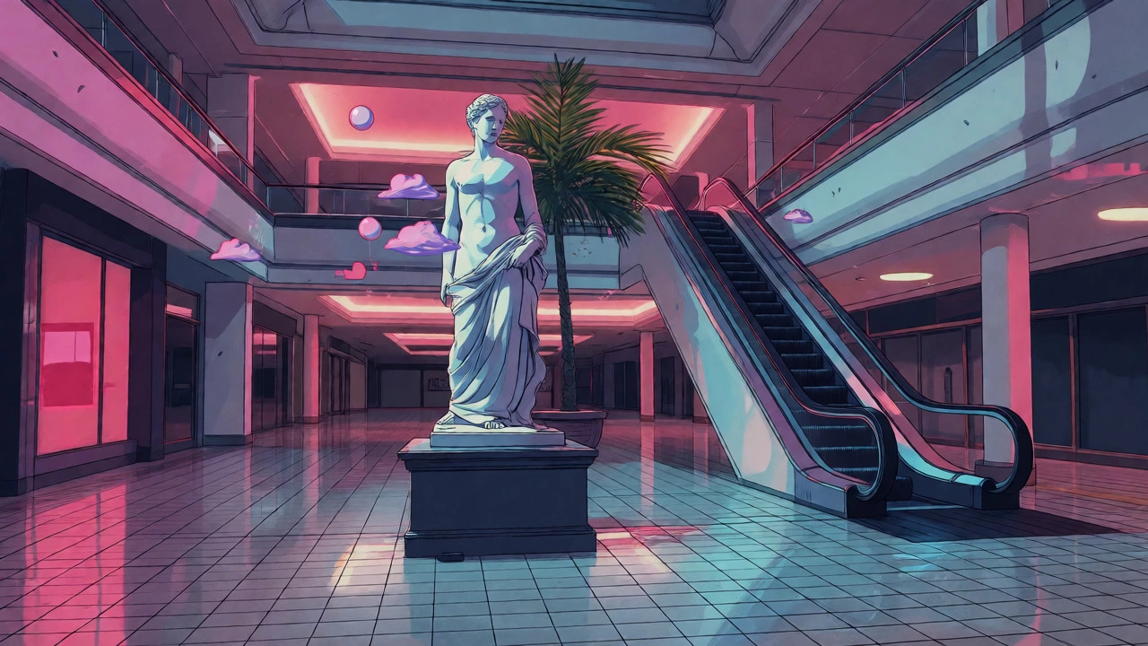 Illustration of an empty mall with a Greek statue and palm tree in pastel tones