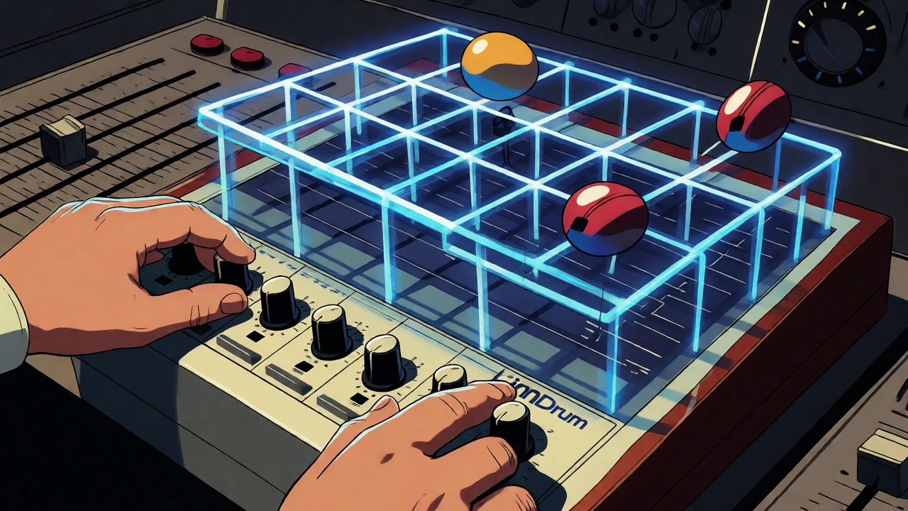 Illustration of an LM-1 drum machine with a quantization grid