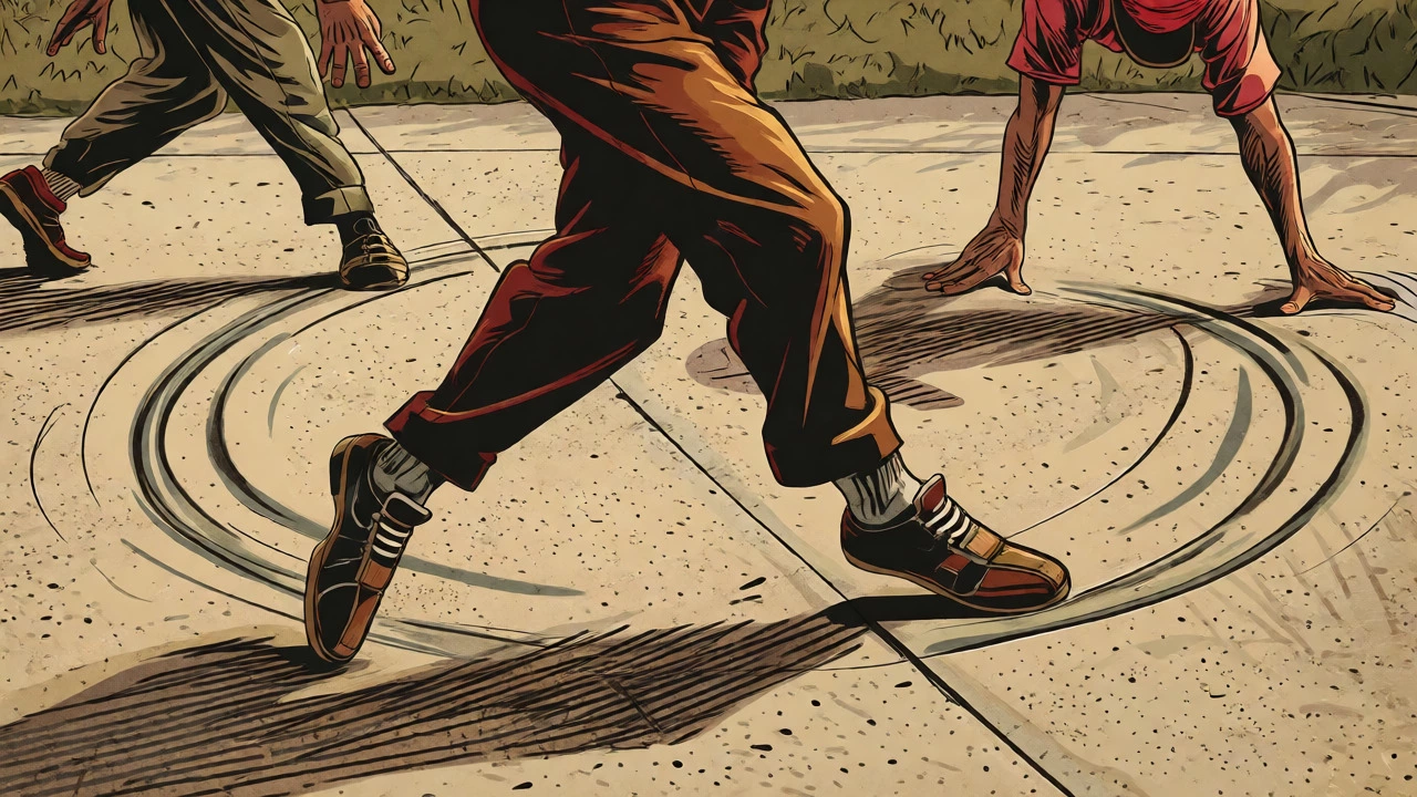 Illustration of breakers executing intricate footwork patterns on the ground