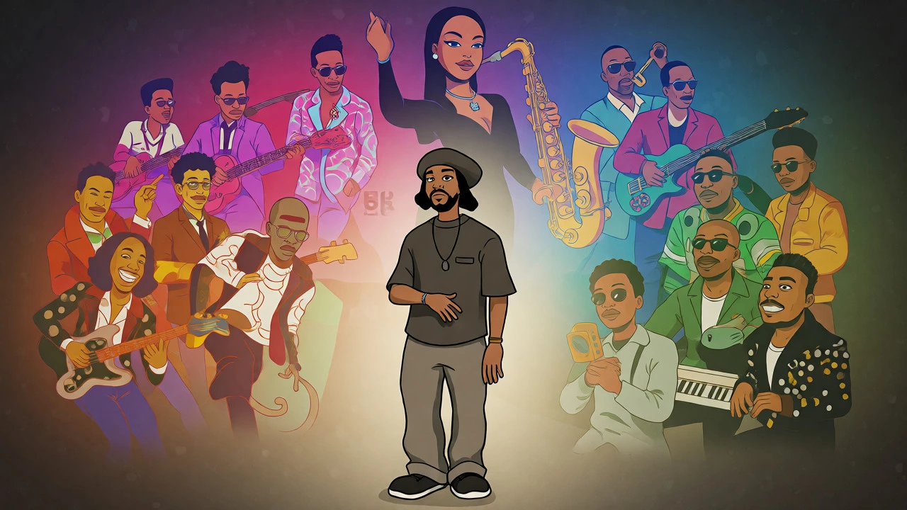 Illustration of D'Angelo surrounded by ghostly 80s soul precursors