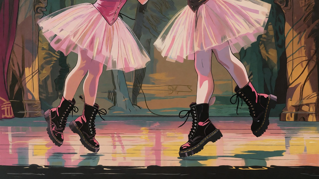 Illustration of fairies in tutus and combat boots on a theater stage.