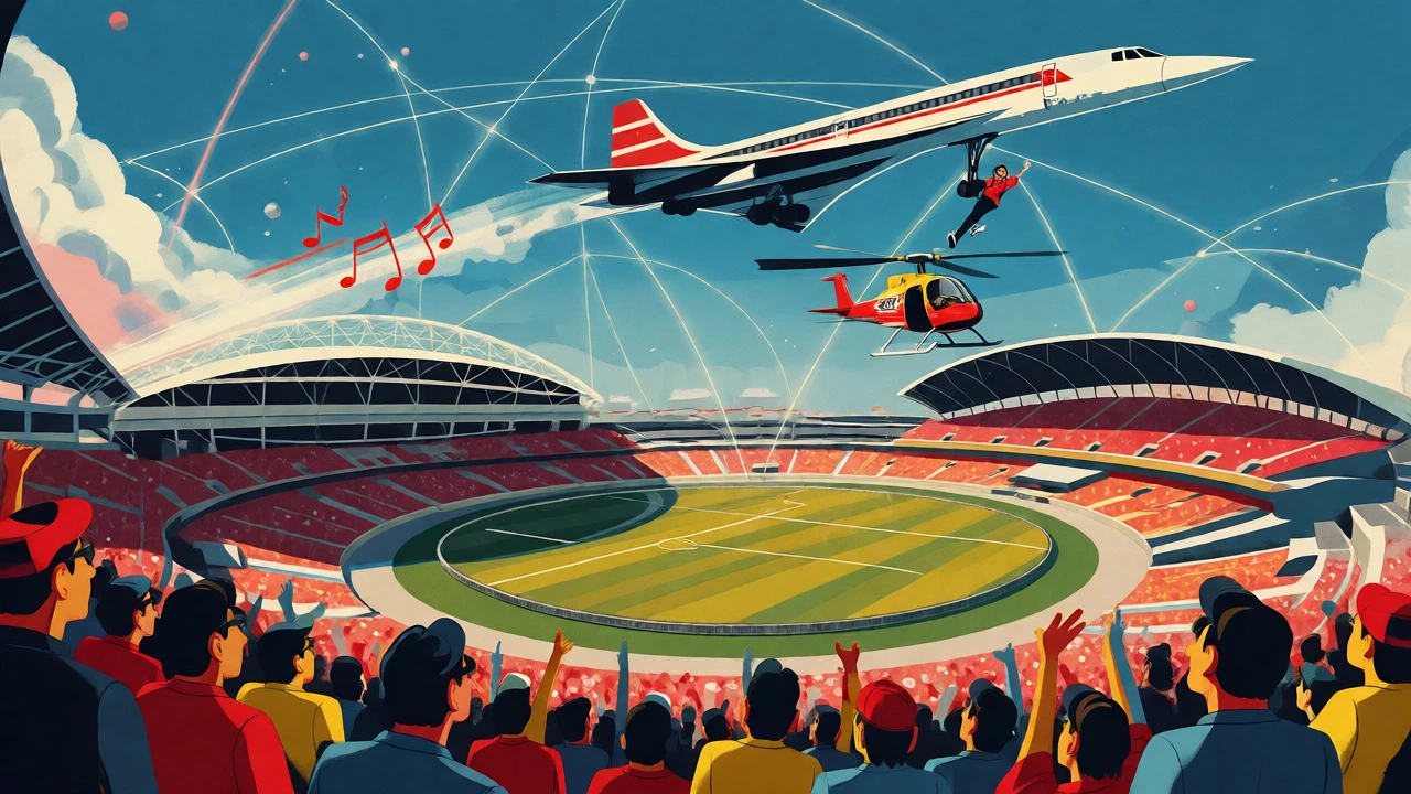 Illustration of London and Philadelphia stadiums linked by satellites with a Concorde jet flying overhead.