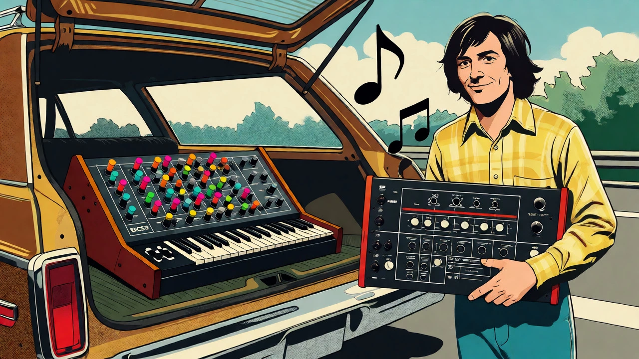 Illustration of portable EMS VCS3 in a car trunk and ARP 2600 held by creators.