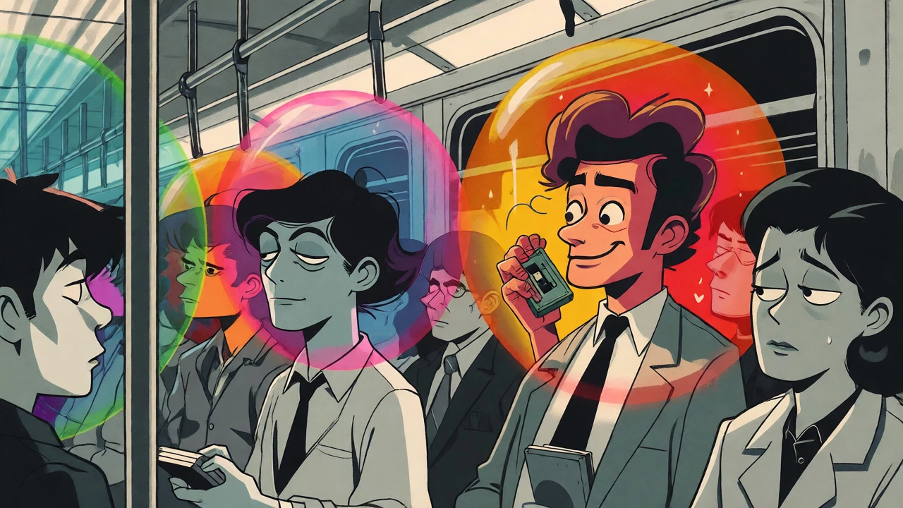 Illustration of subway passengers isolated in colorful personal sound bubbles.