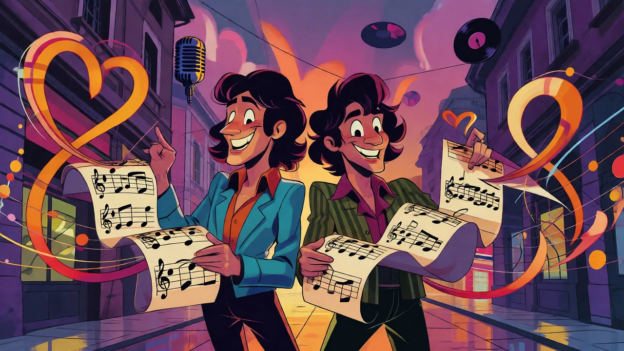 Illustration of the La Bionda brothers with swirling melodic sound waves.