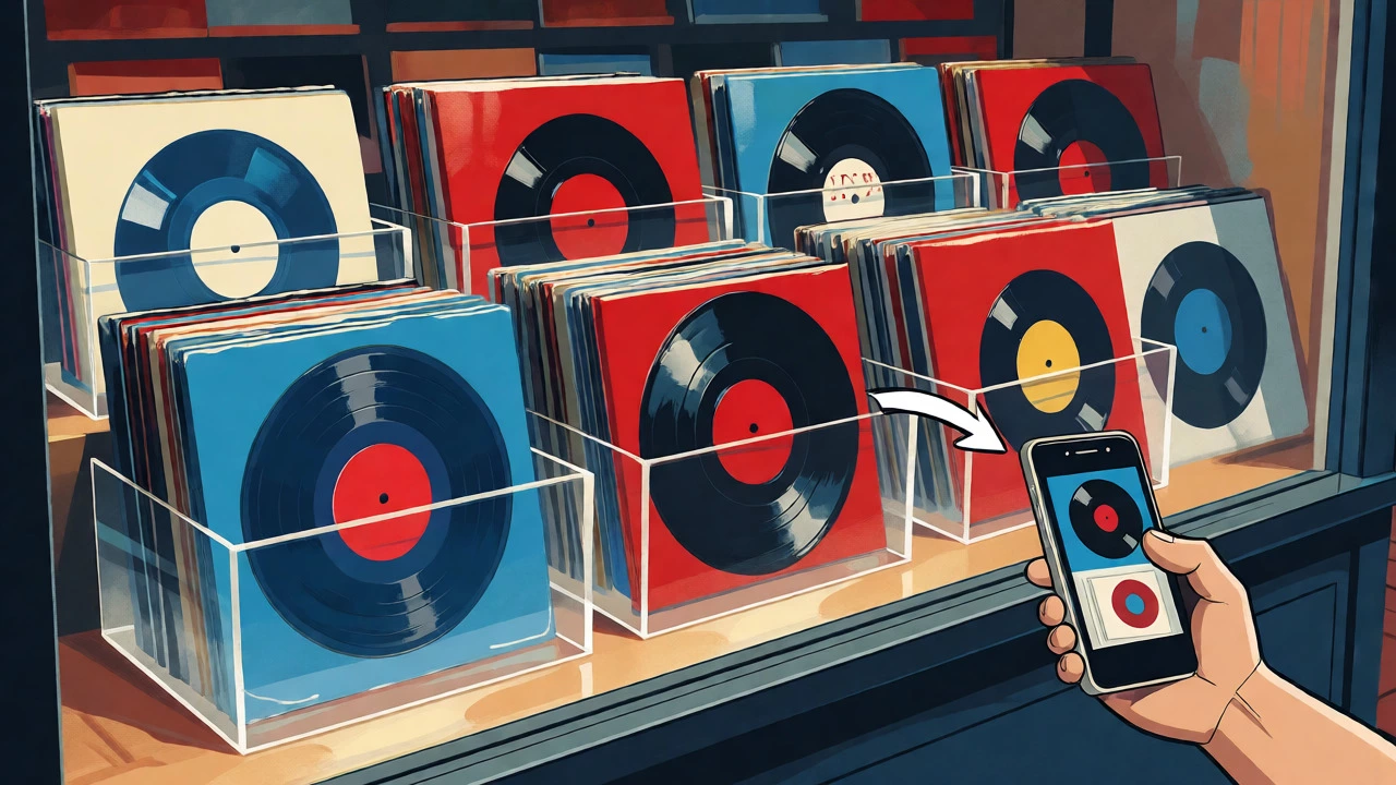 Illustration of vinyl records in acrylic displays arranged by color blocks in a shop window.