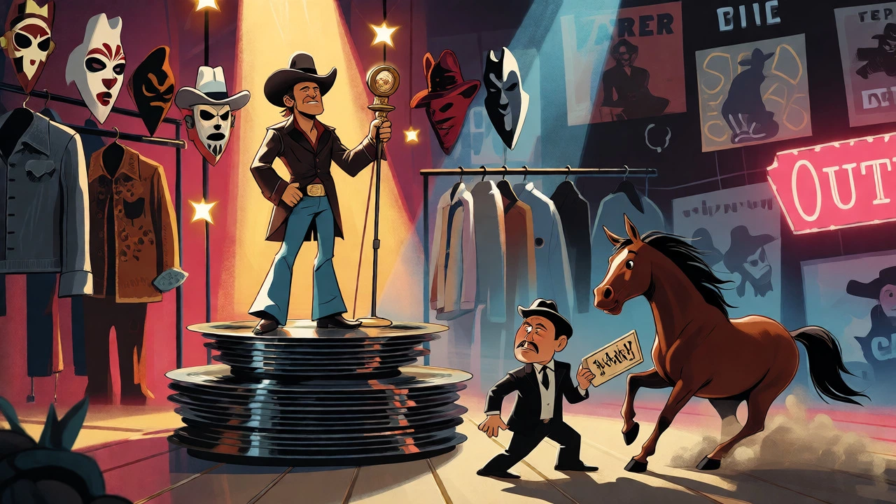 Illustration of Waylon on platinum records with outlaw costumes nearby