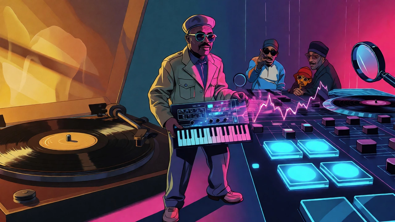 Illustration showing Clinton bridging analog funk to digital hip-hop eras