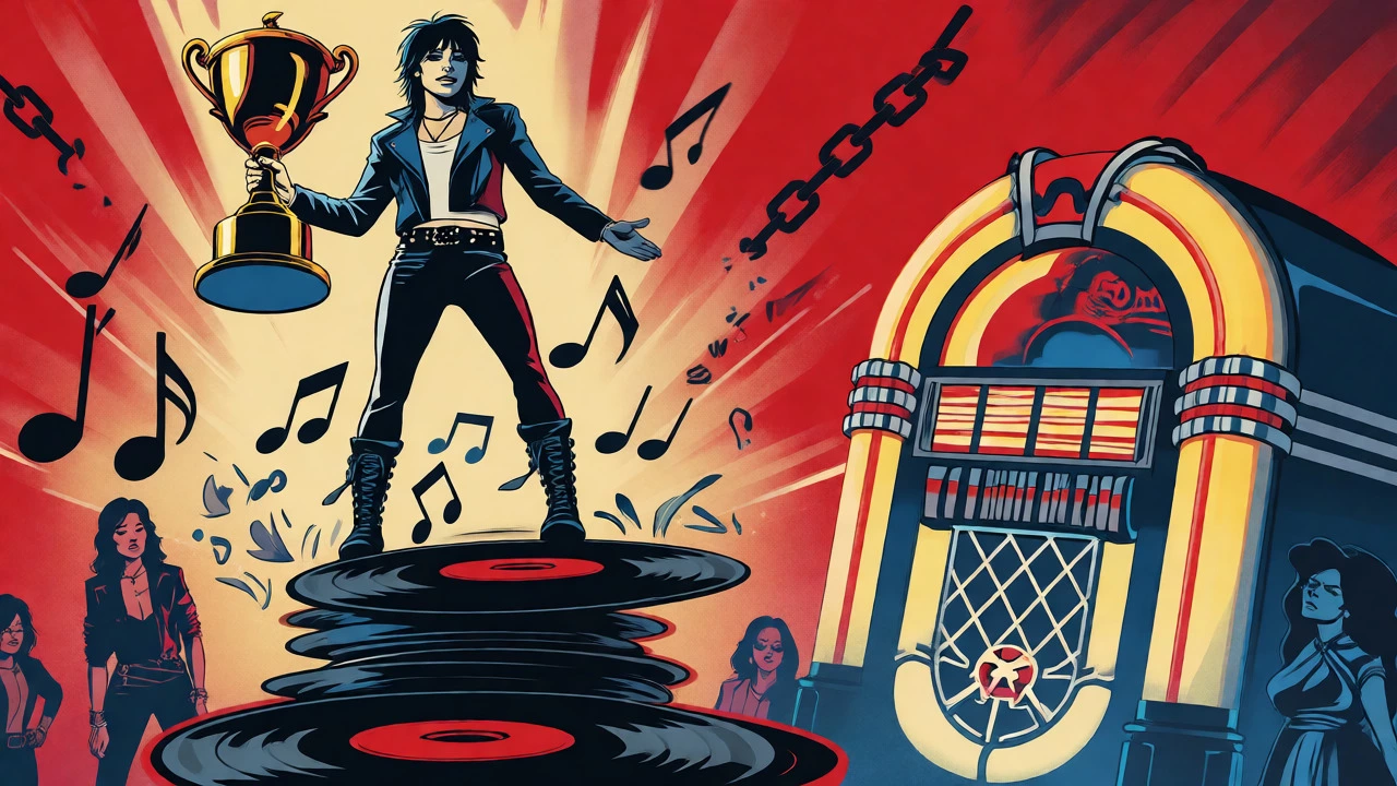 Joan Jett celebrating success atop a pile of records