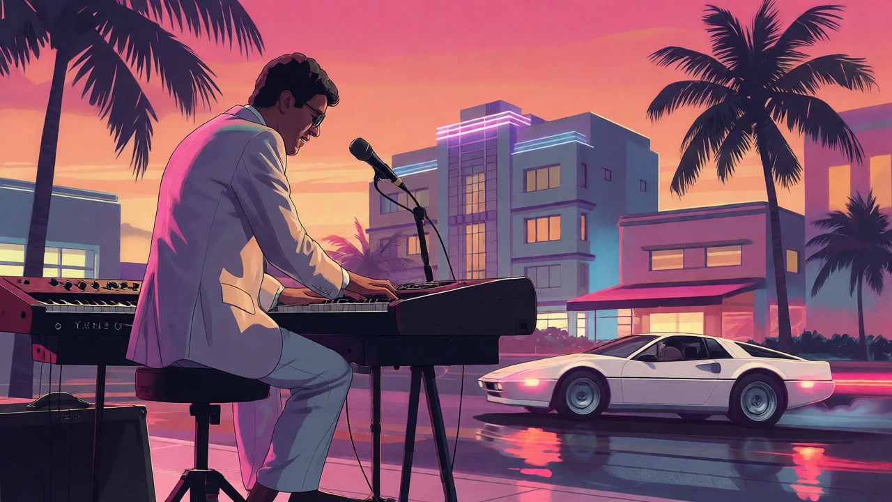 Keyboardist in Miami Vice aesthetic with pastel buildings and sports car