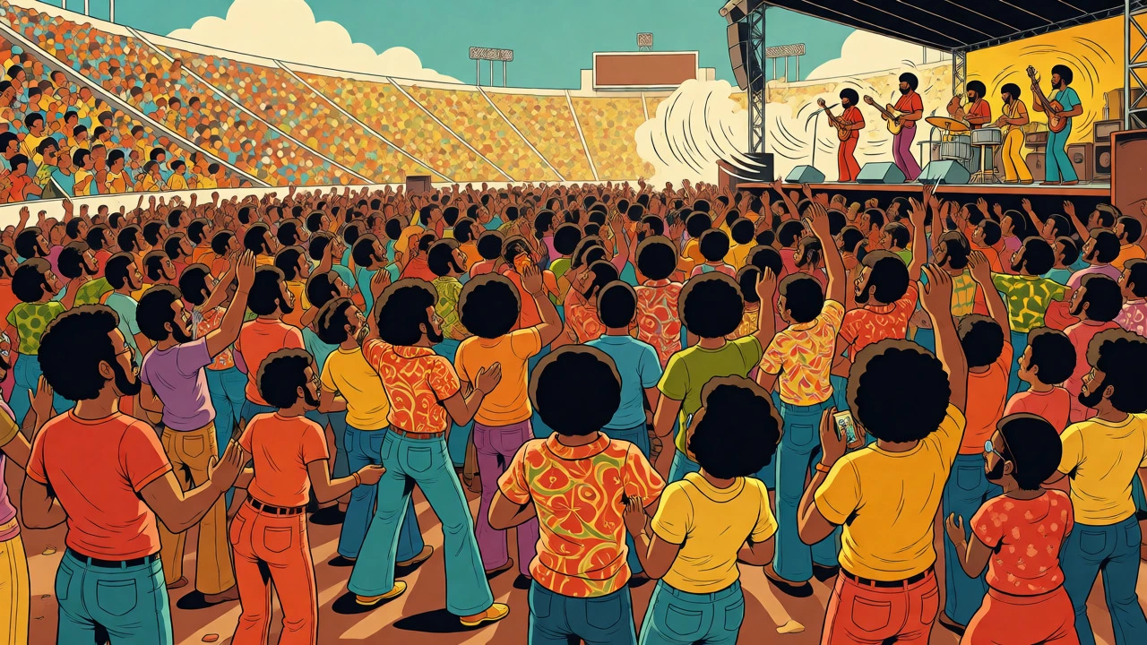 Large crowd cheering at the Wattstax concert in Los Angeles