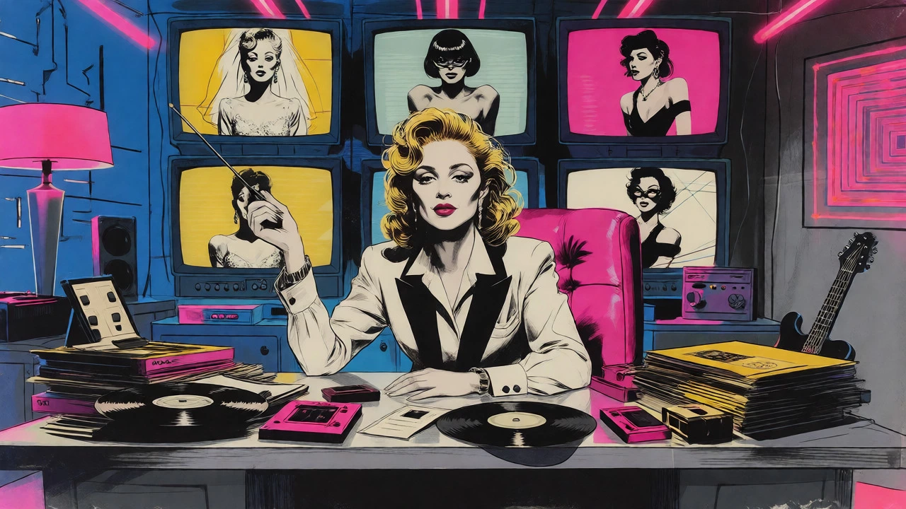 Madonna as a creative director surrounded by music media