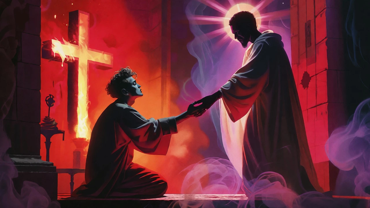 Madonna kneeling near a burning cross with a saint-like figure