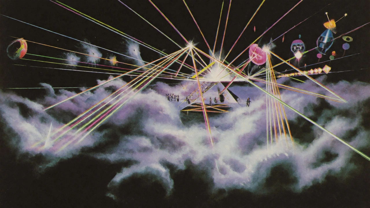 Massive laser-filled arena stage with fog and inflatables